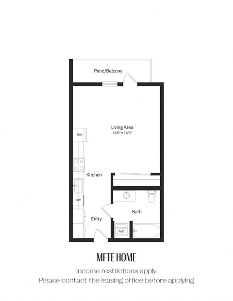 A floor plan of an MFTE home with a living area, kitchen, bath, and entry.